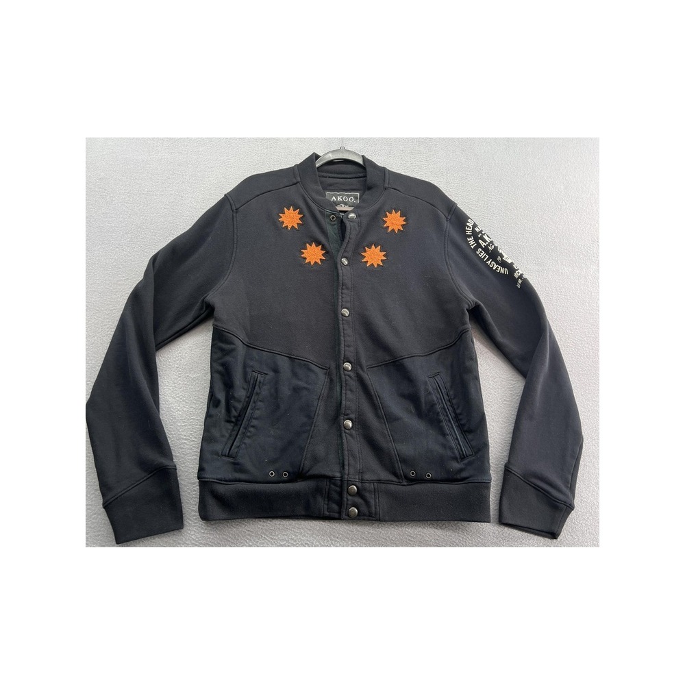 AKOO Bomber Jacket Mens M Black Varsity Star Embroidery Graphic Sleeve
